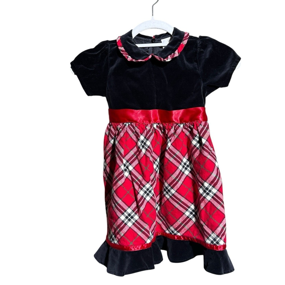 Hanna Andersson Holiday Dress black Velvet Red Plaid w bow, size 100 (US size 4)